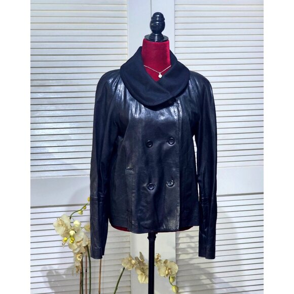 Theory Women's Black Lamb Leather Double-Breasted Moto Jacket Size M 2752 - Picture 1 of 12